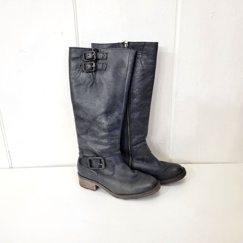 Circle G Distressed Black Leather Knee-High Boots With Buckle Detail & Stacked H - Picture 11 of 11